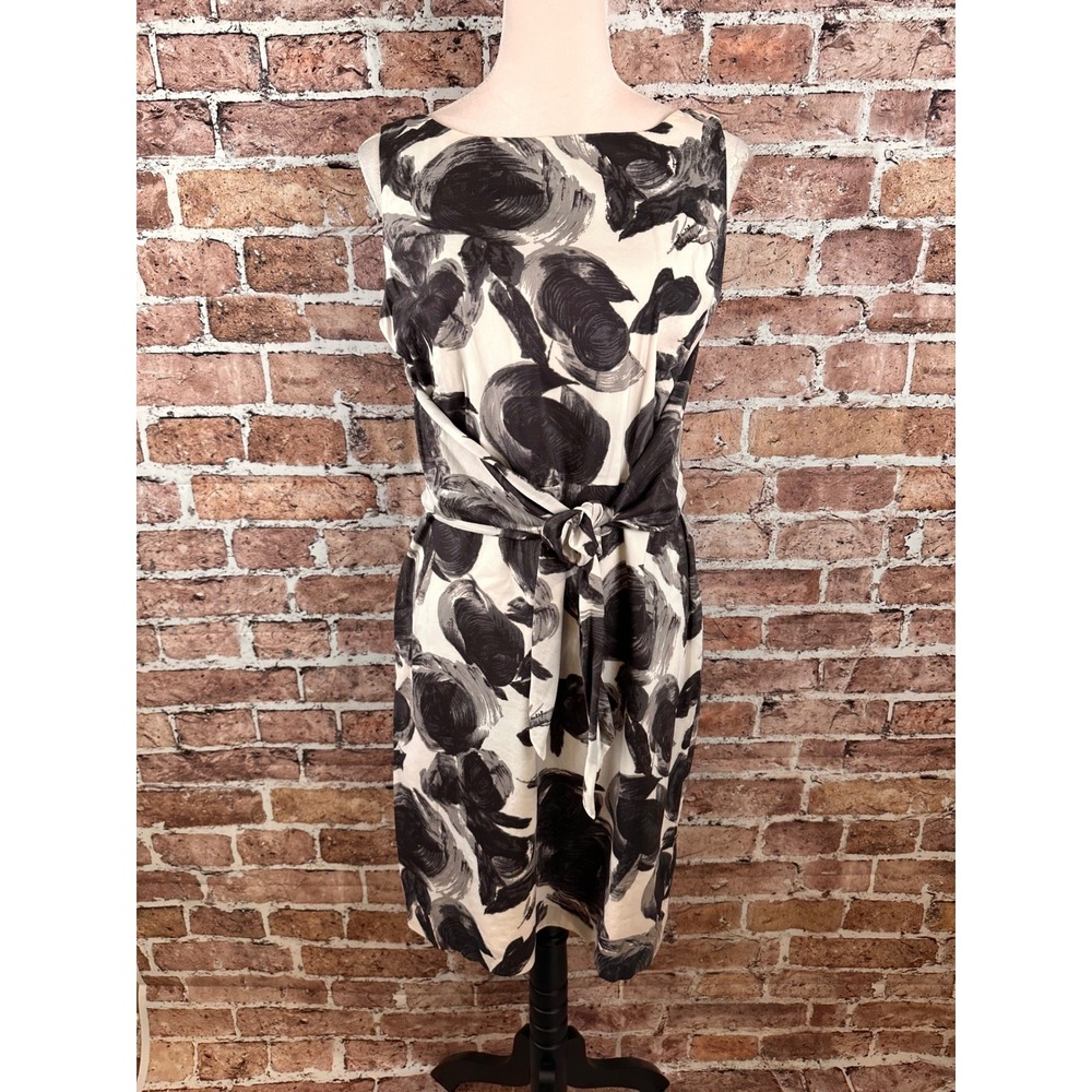 Ann Taylor Black Cream Abstract Floral Side Tie Sheath Dress Size 12 Minimalist